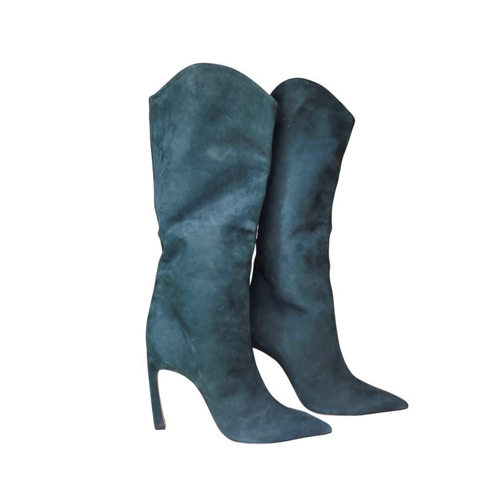 Schutz Boots Green Suede High Heel Slouch Tall Leather Minimalist 9B